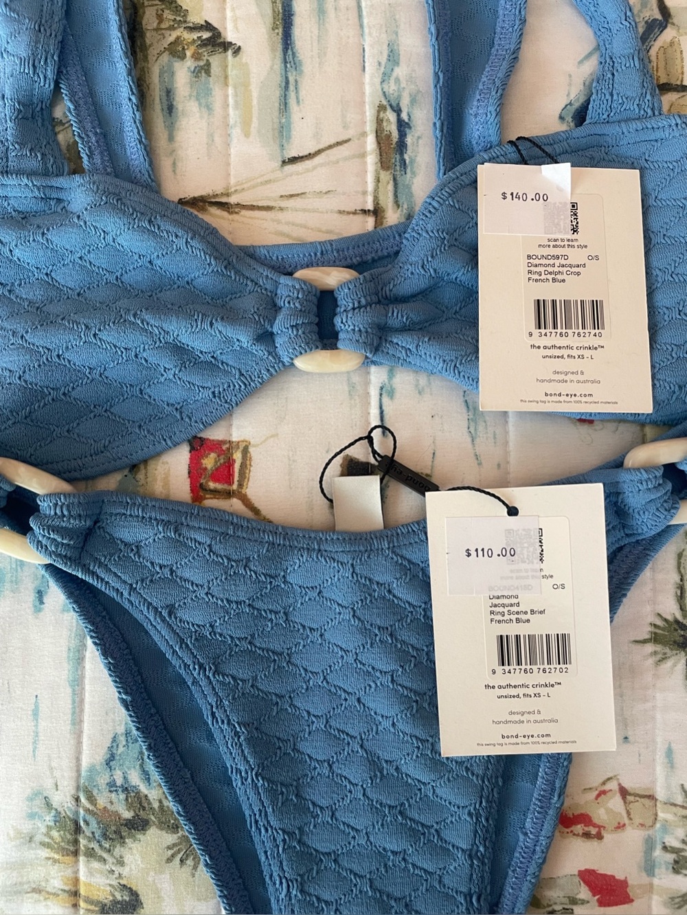 bond-eye French Blue Textured Bikini Set with Decorative Rings